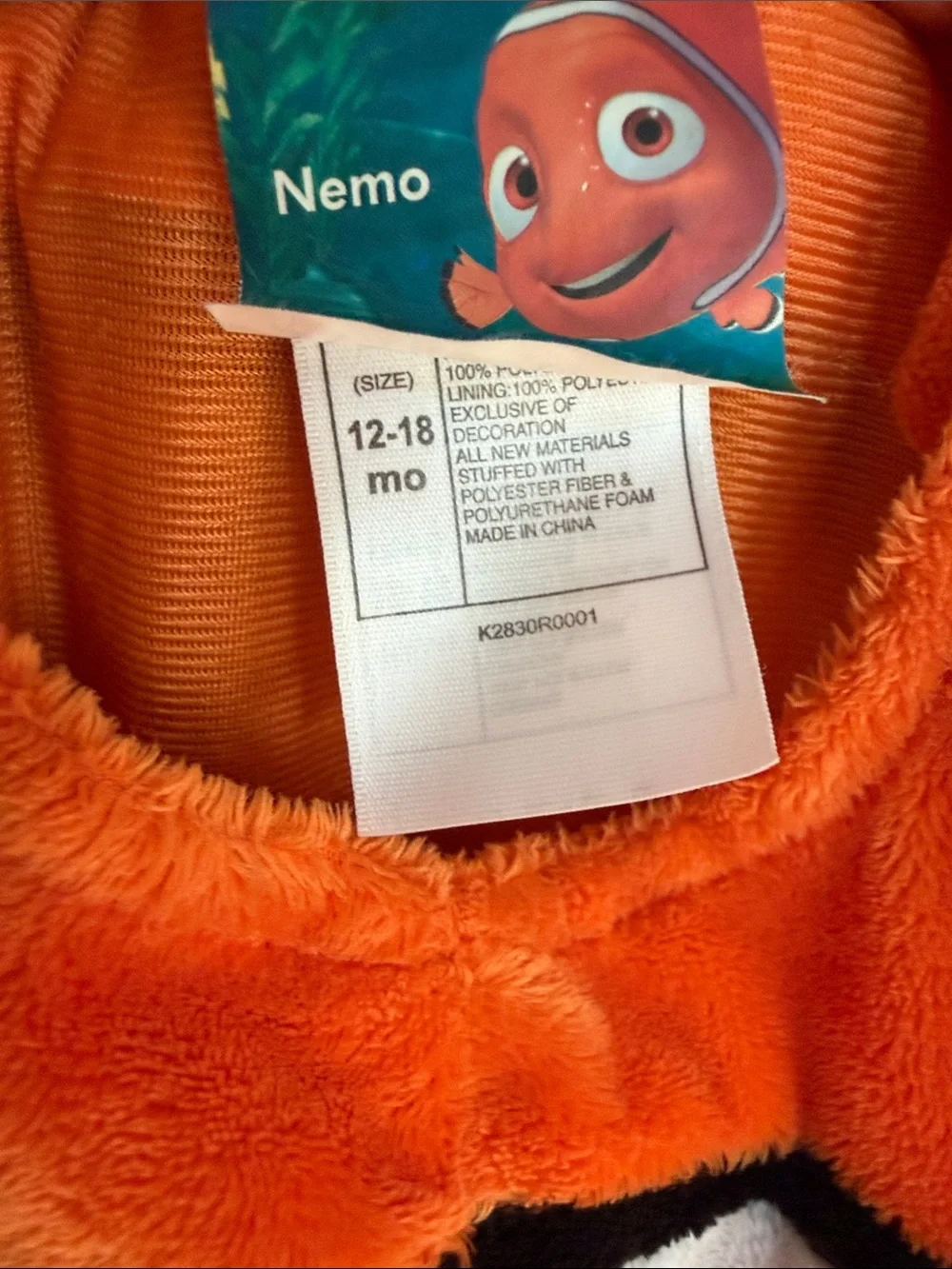 Disney Nemo Costume in Orange and Black size 12/18 months
